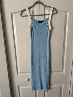 Light Blue Knit Midi Dress with Cream Straps